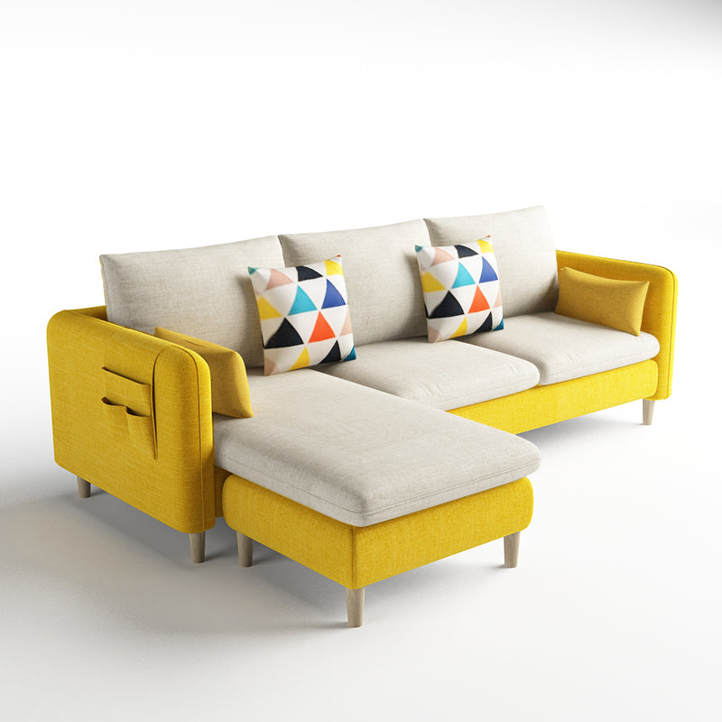 Scandinavian 32.28 " H Cotton Blend Square Arm Sofa & Chaise Beige Yellow Clearhalo 'furn' 'furn_sectionals' 'Furniture' 'Living Room Furniture' 'Sectionals' 6135882