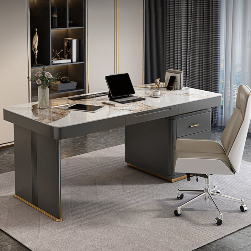 Pedestal Dark Taupe Office Desk Rectangular Writing Desk with Built in Outlets 55.1"L x 27.6"W x 29.5"H Clearhalo 'furn' 'furn_office_desk' 'Furniture' 'Office Desks' 'Office Furniture' 'office_desk' 6136482