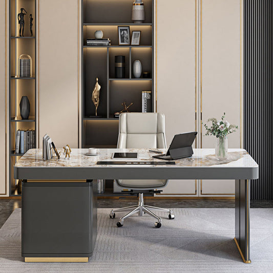 Pedestal Dark Taupe Office Desk Rectangular Writing Desk with Built in Outlets Clearhalo 'furn' 'furn_office_desk' 'Furniture' 'Office Desks' 'Office Furniture' 'office_desk' 6136491
