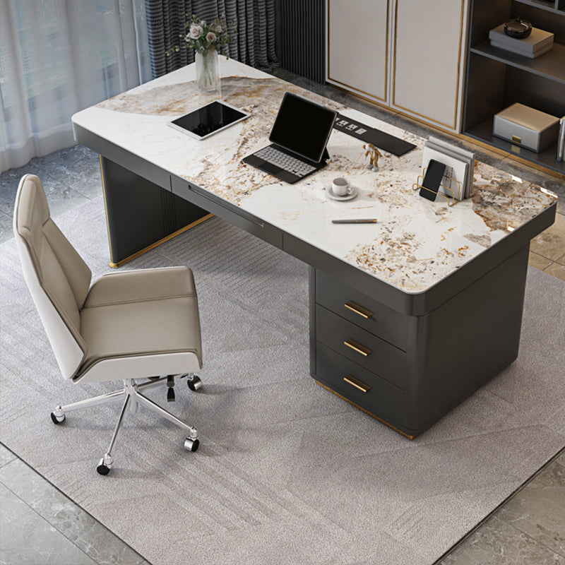 Dark Taupe Writing Desk Drawers Storage Glam Office Desk with Built in Outlets 70.9"L x 27.6"W x 29.5"H Clearhalo 'furn' 'furn_office_desk' 'Furniture' 'Office Desks' 'Office Furniture' 'office_desk' 6136496