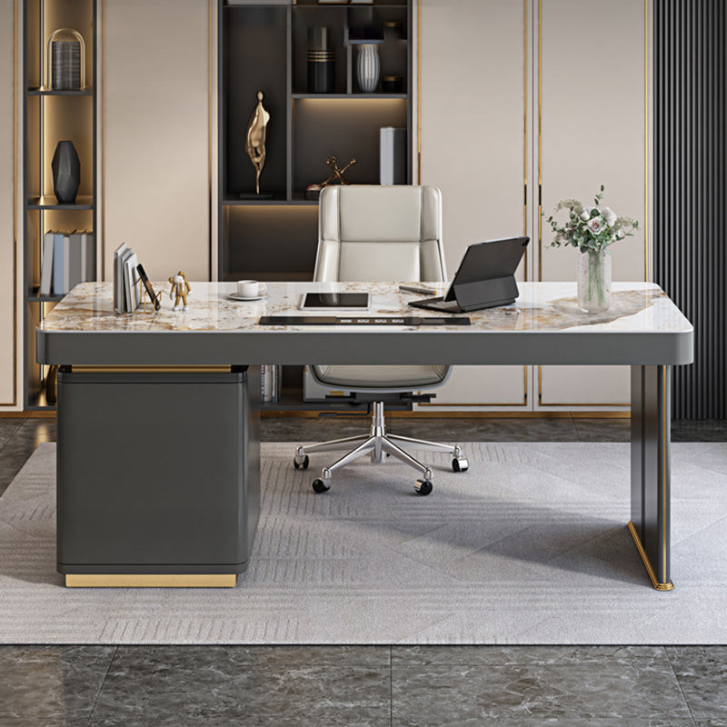 Dark Taupe Writing Desk Drawers Storage Glam Office Desk with Built in Outlets Clearhalo 'furn' 'furn_office_desk' 'Furniture' 'Office Desks' 'Office Furniture' 'office_desk' 6136498