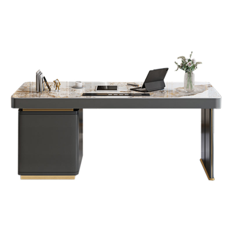 Dark Taupe Writing Desk Drawers Storage Glam Office Desk with Built in Outlets 55.1"L x 27.6"W x 29.5"H Clearhalo 'furn' 'furn_office_desk' 'Furniture' 'Office Desks' 'Office Furniture' 'office_desk' 6136500