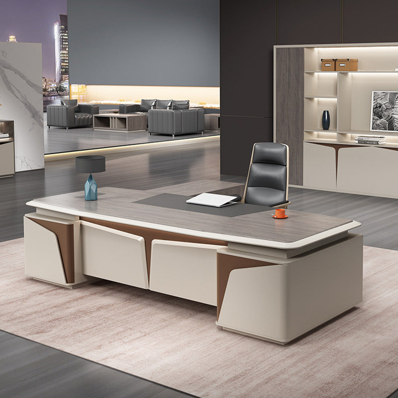 Scrivania da ufficio scuro taupe glam di scrittura rettangolare con cassetti