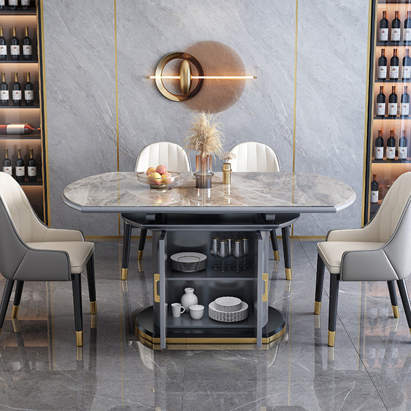 Contemporary Storage Pedestal Dining Table Round Extendable Dinner Table for Home Grey 47.2"L x 29.5"W x 29.9"H Without Chairs Clearhalo 'Dining Tables & Seating' 'Dining Tables' 'dining_table' 'furn' 'furn_dining_table' 'Furniture' 'Kitchen & Dining Furniture' 6137065