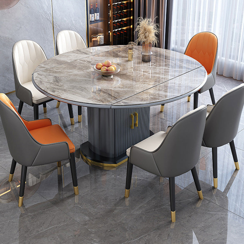 Contemporary Storage Pedestal Dining Table Round Extendable Dinner Table for Home Grey 59.1"L x 35.4"W x 29.9"H Without Chairs Clearhalo 'Dining Tables & Seating' 'Dining Tables' 'dining_table' 'furn' 'furn_dining_table' 'Furniture' 'Kitchen & Dining Furniture' 6137066