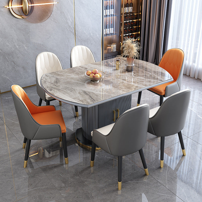 Contemporary Storage Pedestal Dining Table Round Extendable Dinner Table for Home Grey 53.1"L x 33.5"W x 29.9"H Without Chairs Clearhalo 'Dining Tables & Seating' 'Dining Tables' 'dining_table' 'furn' 'furn_dining_table' 'Furniture' 'Kitchen & Dining Furniture' 6137067