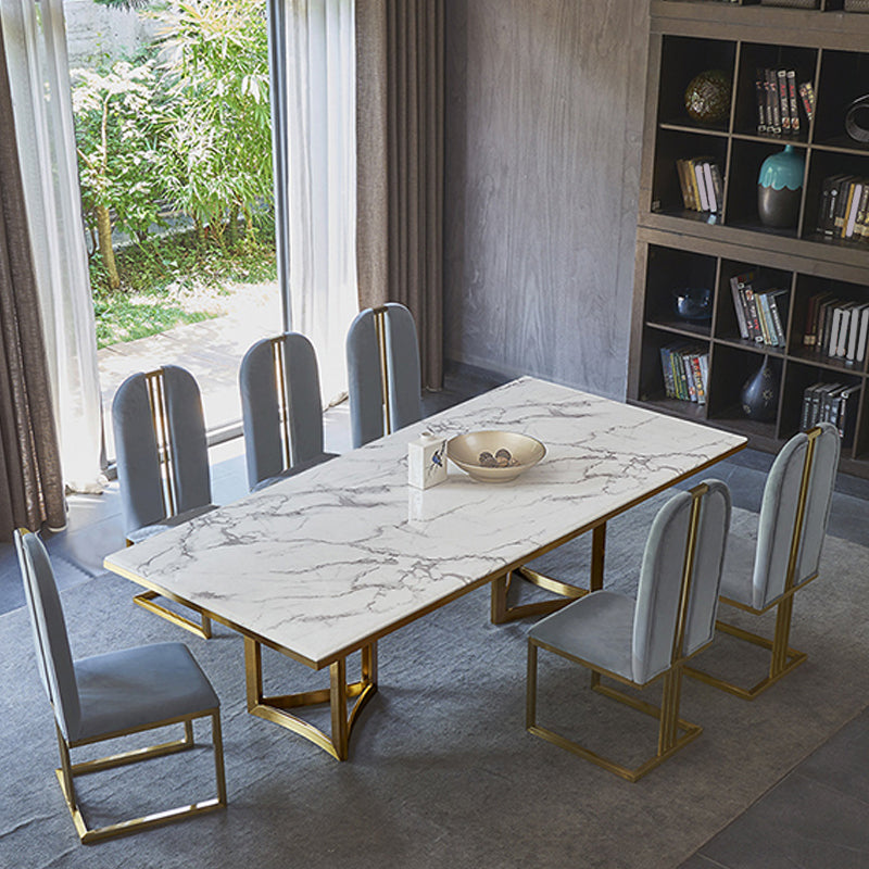 Mesa de comedor rectangular de pedestal de lujo tradicional con base de metal