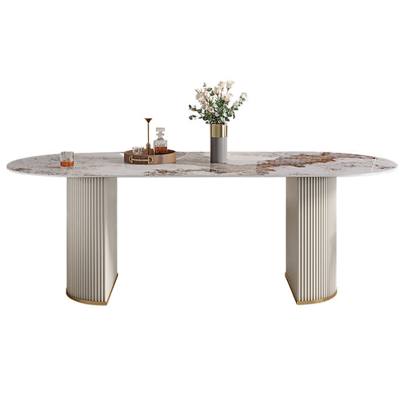 Contemporary Dining Table Stainless Steel Base Oval Double Pedestal Table for Home