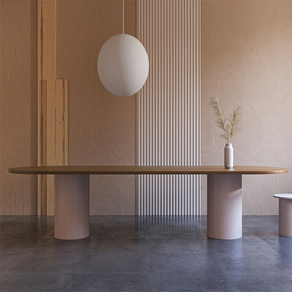 Mesa de cocina moderna de madera de pino para mesa de comedor ovalado de restaurante con pedestal doble