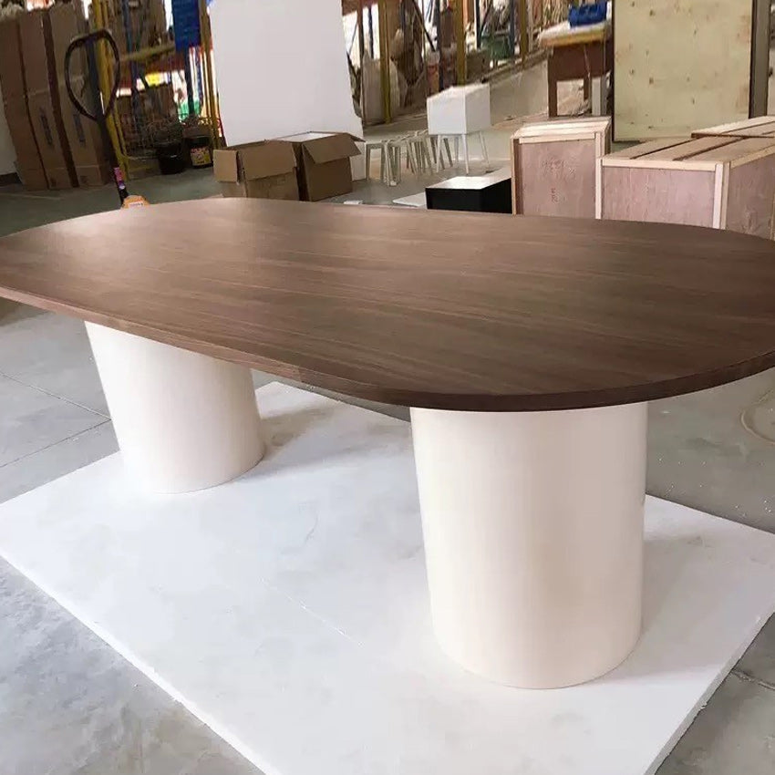 Mesa de cocina moderna de madera de pino para mesa de comedor ovalado de restaurante con pedestal doble