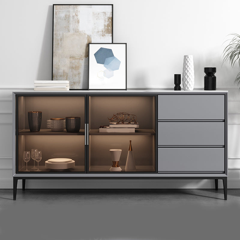 Contemporary Stone Top Sideboard 3 Drawers 2 Doors Sideboard for Living Room Grey Tempered Glass Clearhalo 'buffet_sideboard' 'Buffets & Sideboards' 'furn' 'furn_buffet_sideboard' 'Furniture' 'Kitchen & Dining Furniture' 6139506