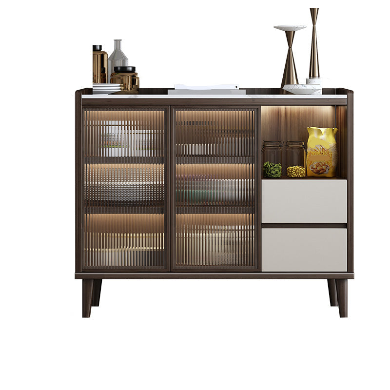 Sideboard di vetro contemporanea in pietra e sideboard in legno in noce e bianco