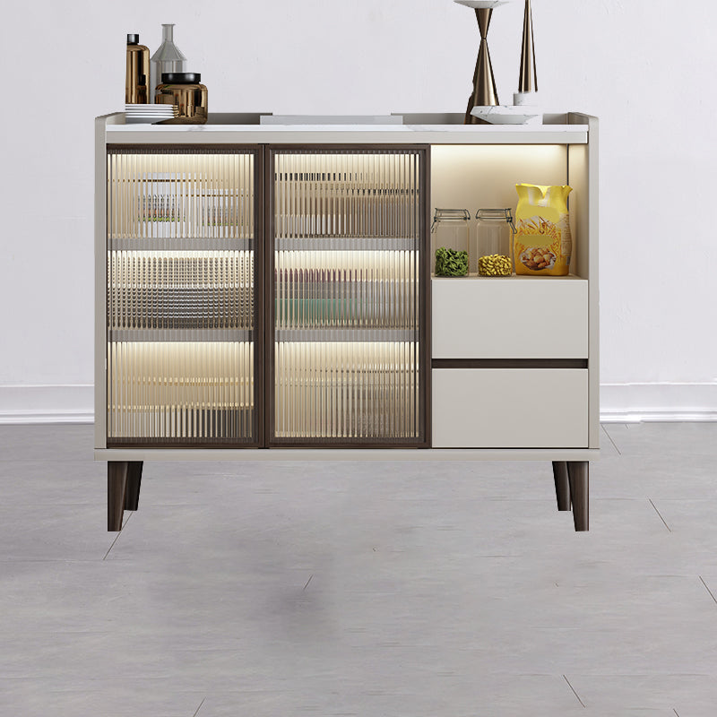 Sideboard di vetro contemporanea in pietra e sideboard in legno in noce e bianco