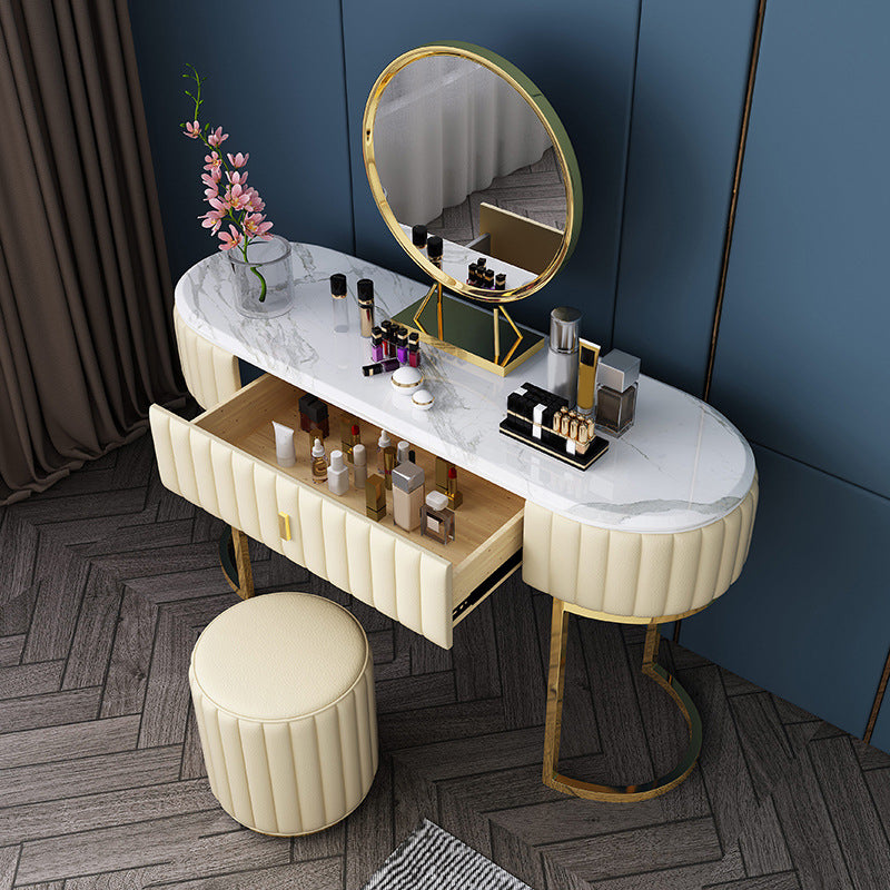 Tavolo da toeletta per vanità ovali top in pietra tavolo da trucco in metallo a specchio