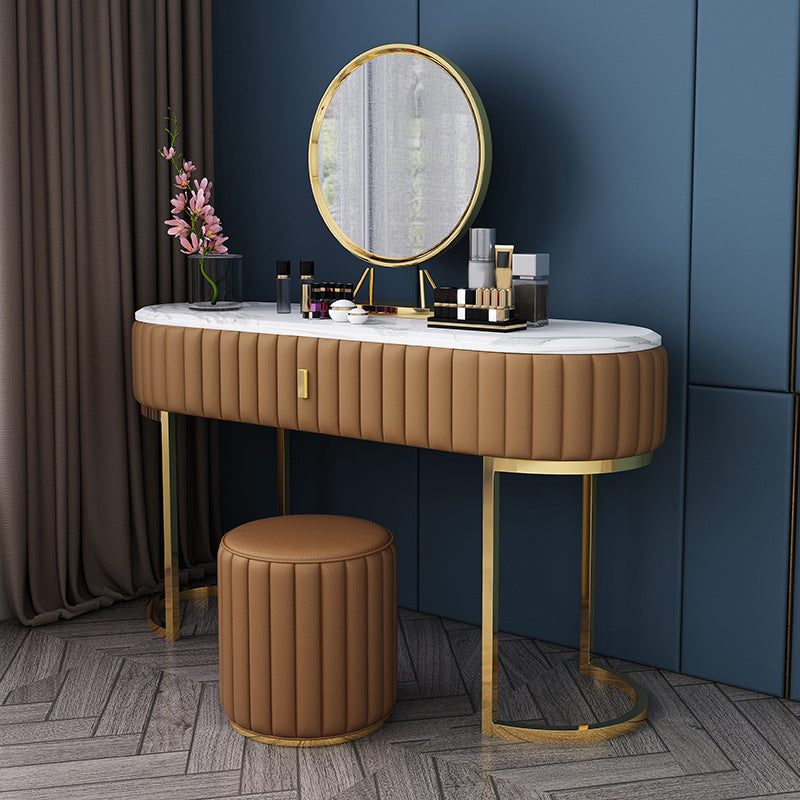Tavolo da toeletta per vanità ovali top in pietra tavolo da trucco in metallo a specchio
