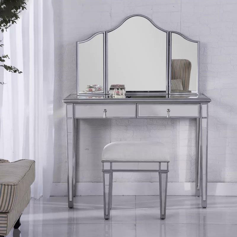 2 Drawers Mirrored Makeup Table and Stool Set Vanity for Women in Silver Clearhalo 'Bedroom Furniture' 'furn' 'furn_makeup_vanities' 'Furniture' 'Makeup Vanities' 'makeup_vanities' 6140896