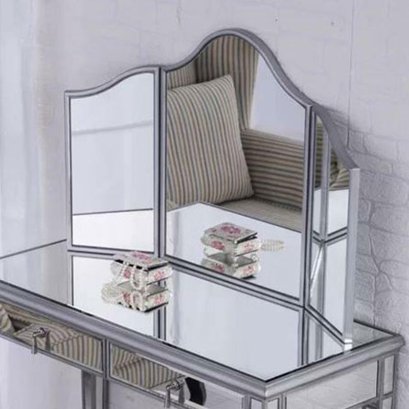 2 Drawers Mirrored Makeup Table and Stool Set Vanity for Women in Silver Mirror Clearhalo 'Bedroom Furniture' 'furn' 'furn_makeup_vanities' 'Furniture' 'Makeup Vanities' 'makeup_vanities' 6140898