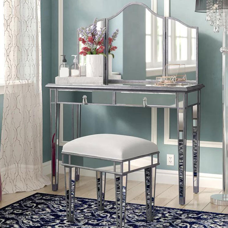 2 Drawers Mirrored Makeup Table and Stool Set Vanity for Women in Silver Clearhalo 'Bedroom Furniture' 'furn' 'furn_makeup_vanities' 'Furniture' 'Makeup Vanities' 'makeup_vanities' 6140900