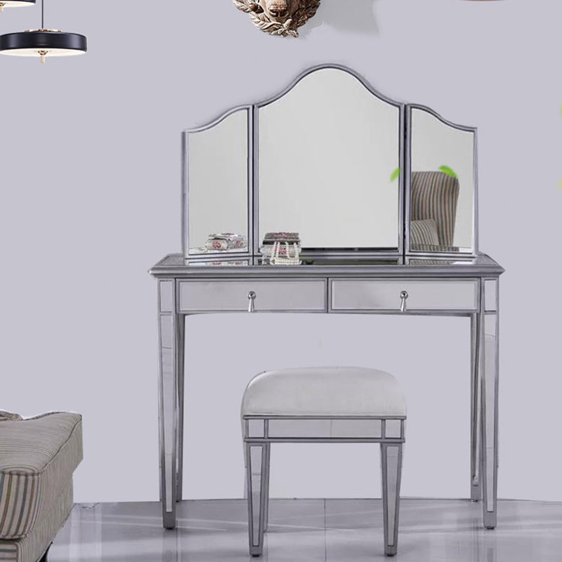 2 Drawers Mirrored Makeup Table and Stool Set Vanity for Women in Silver Makeup Vanity & Mirror & Stools Clearhalo 'Bedroom Furniture' 'furn' 'furn_makeup_vanities' 'Furniture' 'Makeup Vanities' 'makeup_vanities' 6140901