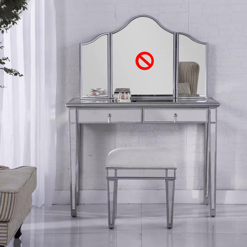 2 Drawers Mirrored Makeup Table and Stool Set Vanity for Women in Silver Makeup Vanity & Stools Clearhalo 'Bedroom Furniture' 'furn' 'furn_makeup_vanities' 'Furniture' 'Makeup Vanities' 'makeup_vanities' 6140903
