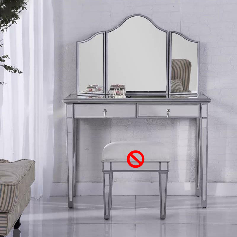 2 Drawers Mirrored Makeup Table and Stool Set Vanity for Women in Silver Makeup Vanity & Mirror Clearhalo 'Bedroom Furniture' 'furn' 'furn_makeup_vanities' 'Furniture' 'Makeup Vanities' 'makeup_vanities' 6140905