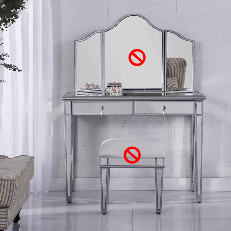 2 Drawers Mirrored Makeup Table and Stool Set Vanity for Women in Silver Makeup Vanity Clearhalo 'Bedroom Furniture' 'furn' 'furn_makeup_vanities' 'Furniture' 'Makeup Vanities' 'makeup_vanities' 6140906