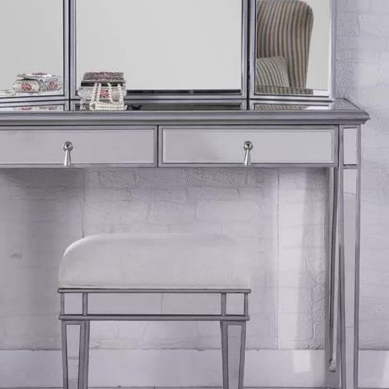 2 Drawers Mirrored Makeup Table and Stool Set Vanity for Women in Silver Clearhalo 'Bedroom Furniture' 'furn' 'furn_makeup_vanities' 'Furniture' 'Makeup Vanities' 'makeup_vanities' 6140909