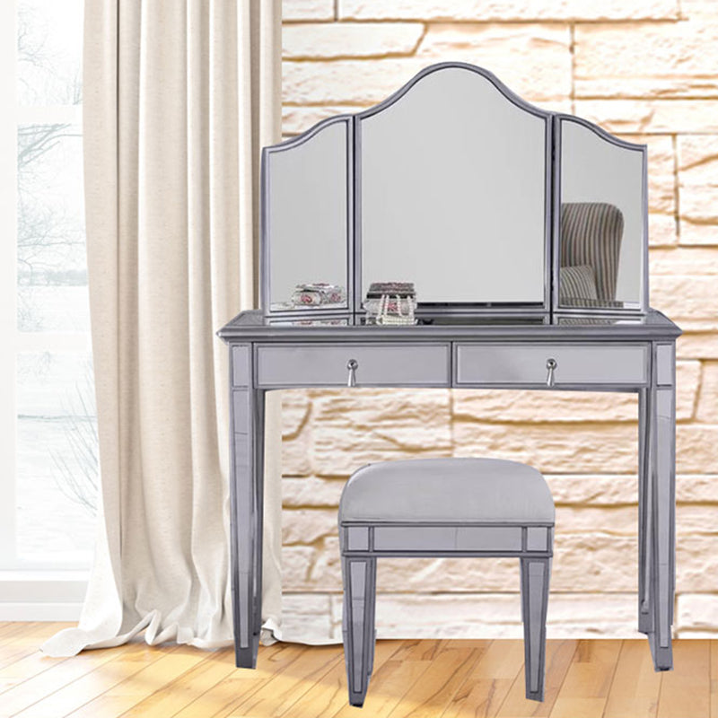 2 Drawers Mirrored Makeup Table and Stool Set Vanity for Women in Silver Clearhalo 'Bedroom Furniture' 'furn' 'furn_makeup_vanities' 'Furniture' 'Makeup Vanities' 'makeup_vanities' 6140915