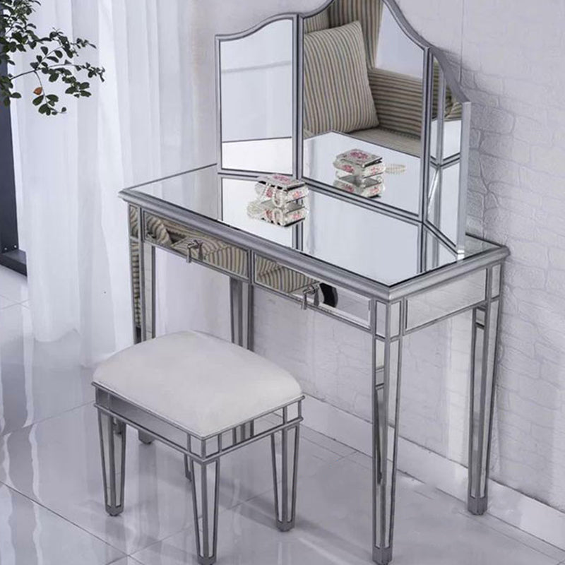 2 Drawers Mirrored Makeup Table and Stool Set Vanity for Women in Silver Clearhalo 'Bedroom Furniture' 'furn' 'furn_makeup_vanities' 'Furniture' 'Makeup Vanities' 'makeup_vanities' 6140916