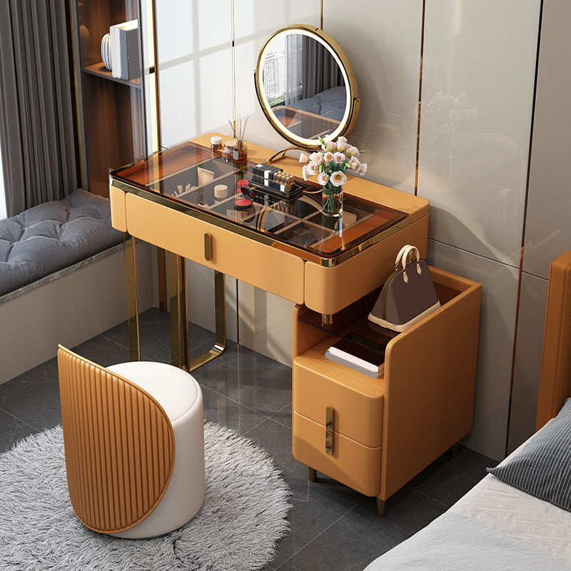 Modern Brown Glass Vanity Table with Stool Drawers Included Dressing Table