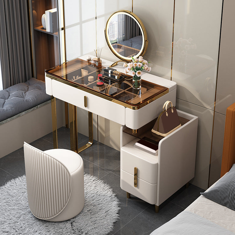 Modern Brown Glass Vanity Table with Stool Drawers Included Dressing Table