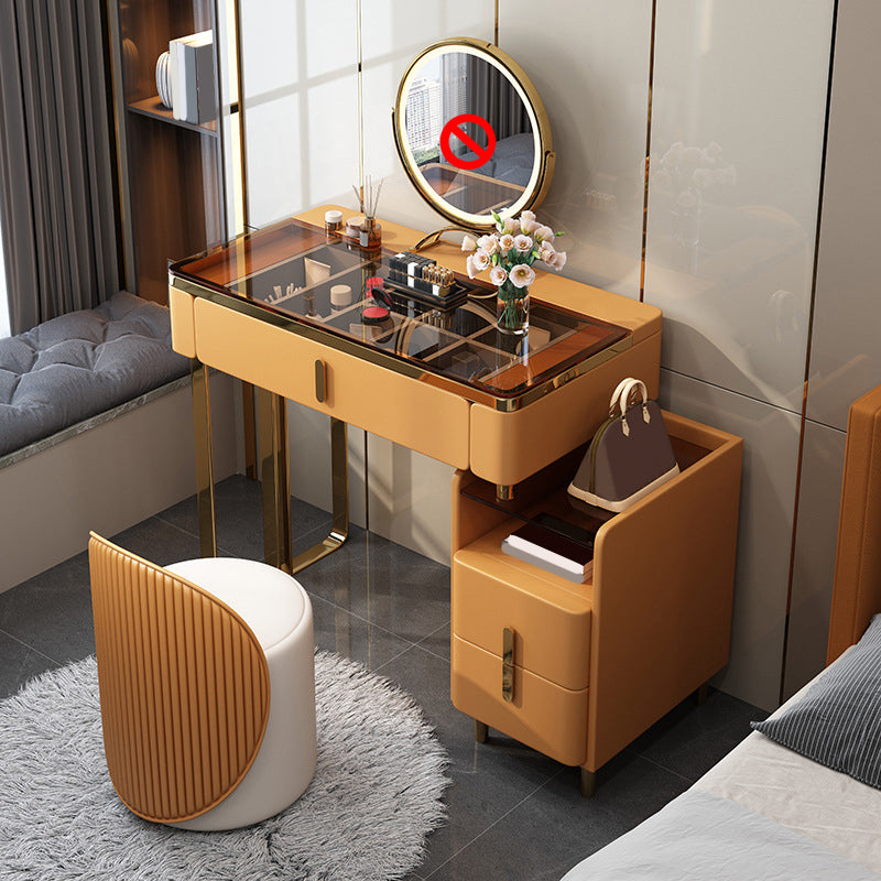 Modern Brown Glass Vanity Table with Stool Drawers Included Dressing Table