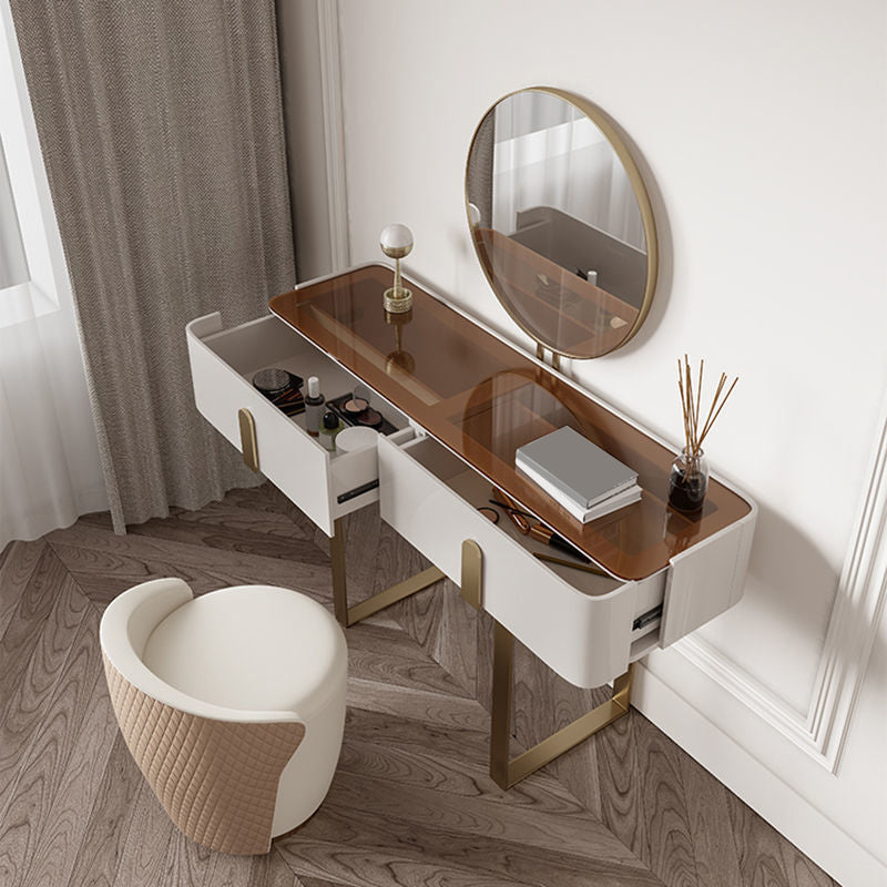 2 Storage Drawers Vanity Set with Stool Glass Top Dressing Table