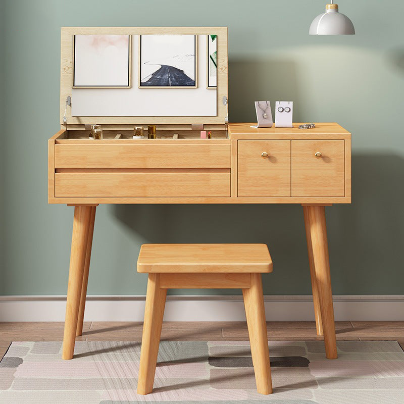 3つの引き出し付き無垢材の鏡詰めされた虚栄心デスクフリップトップドレッサーとスツール