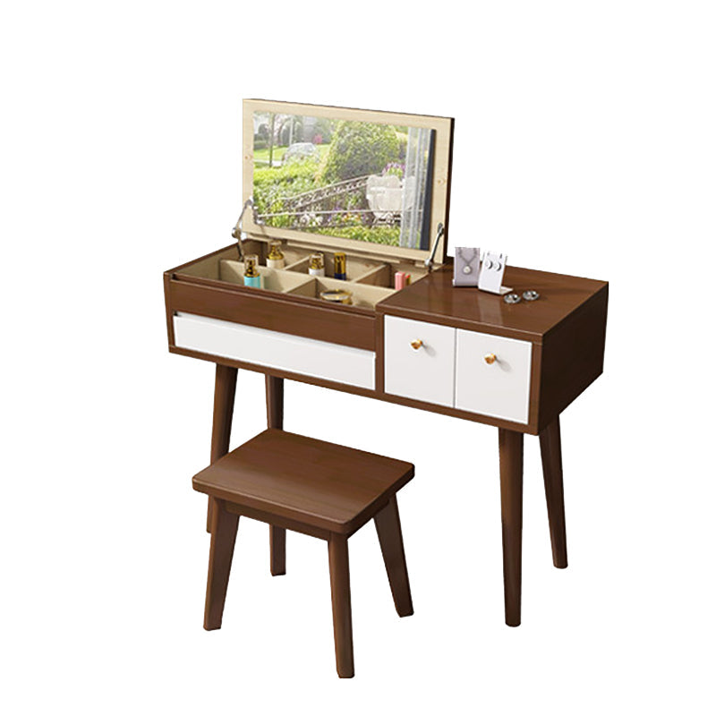 3つの引き出し付き無垢材の鏡詰めされた虚栄心デスクフリップトップドレッサーとスツール