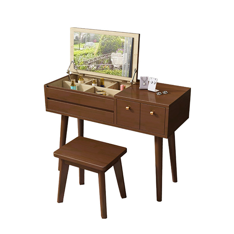3つの引き出し付き無垢材の鏡詰めされた虚栄心デスクフリップトップドレッサーとスツール