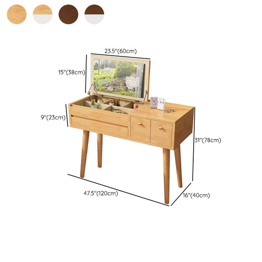 Scrivania di vanità a specchio in legno massiccio con 3 cassetti a foglietto con sgabello