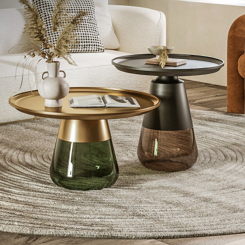 Round Metal Tray Top Coffee Table Glass Pedestal Cocktail Table Clearhalo 'Coffee & Accent Tables' 'Coffee Tables' 'coffee_tables' 'furn' 'furn_coffee_tables' 'Furniture' 'Living Room Furniture' 6141261