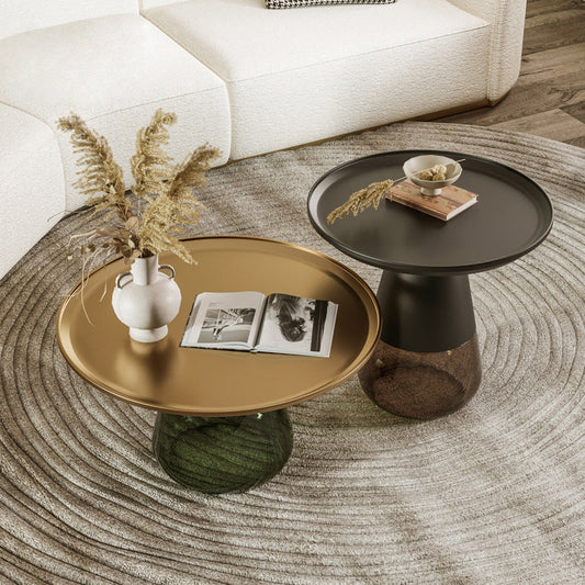 丸いメタルトレイトップコーヒーテーブルガラス台座カクテルテーブル