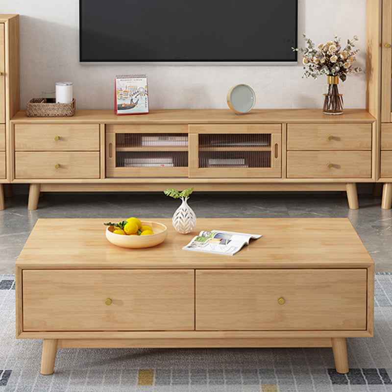 Wooden Coffee Table with 2 Drawers and 4 Wooden Legs in Brone for Living Room Natural Clearhalo 'Coffee & Accent Tables' 'Coffee Tables' 'coffee_tables' 'furn' 'furn_coffee_tables' 'Furniture' 'Living Room Furniture' 6141291