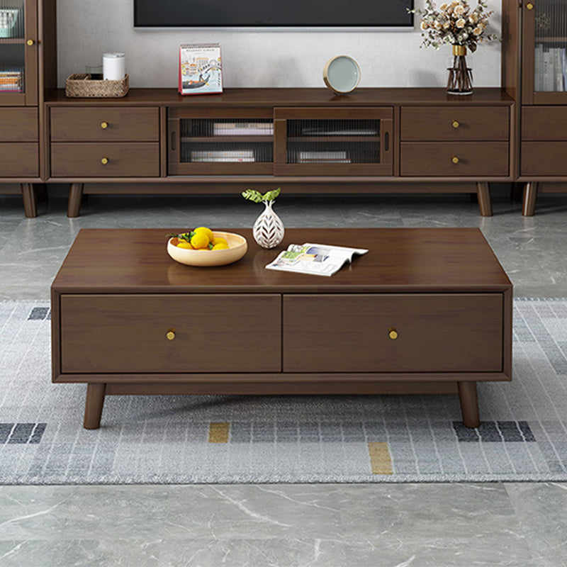Wooden Coffee Table with 2 Drawers and 4 Wooden Legs in Brone for Living Room Walnut Clearhalo 'Coffee & Accent Tables' 'Coffee Tables' 'coffee_tables' 'furn' 'furn_coffee_tables' 'Furniture' 'Living Room Furniture' 6141292
