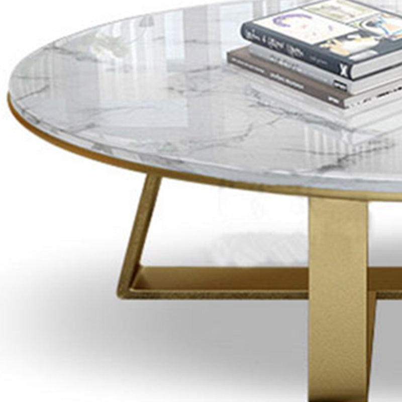 Oval Marble Top Coffee Table with Iron Cross Base Cocktail Table in White Clearhalo 'Coffee & Accent Tables' 'Coffee Tables' 'coffee_tables' 'furn' 'furn_coffee_tables' 'Furniture' 'Living Room Furniture' 6141321