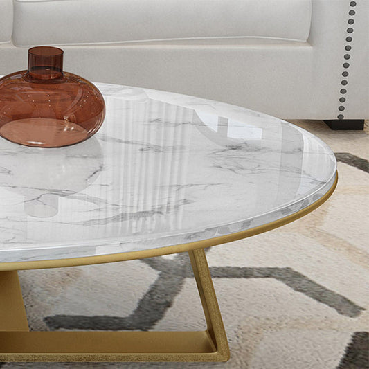 Oval Marble Top Coffee Table with Iron Cross Base Cocktail Table in White