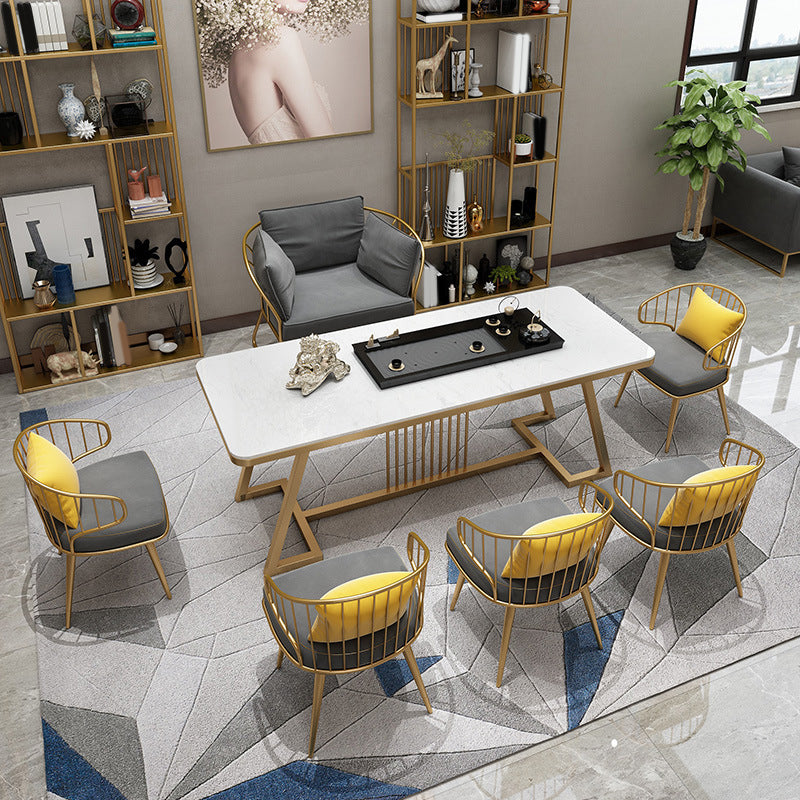 Modern 1/7 Pieces Dining Set Rectangle Stone Dining Table for Living Room Dining Room 7 Pieces: Table, 6 Chairs Clearhalo 'Dining Room Sets' 'Dining Tables & Seating' 'dining_room_set' 'furn' 'furn_dining_room_set' 'Furniture' 'Kitchen & Dining Furniture' 6146536