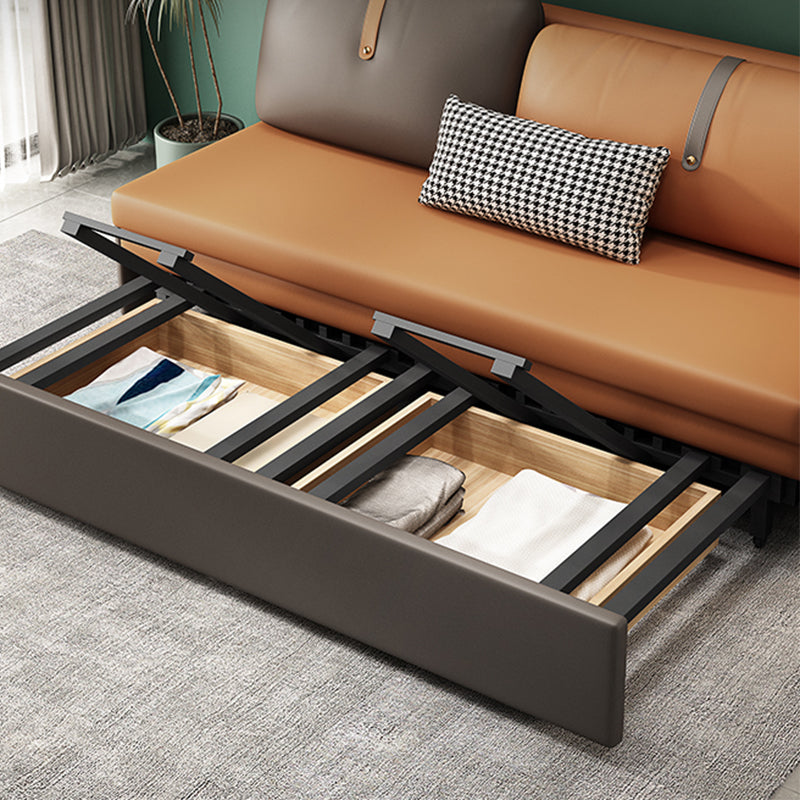 Contemporary Armless Bonded Leather Sofa Bed in Brown with Storage