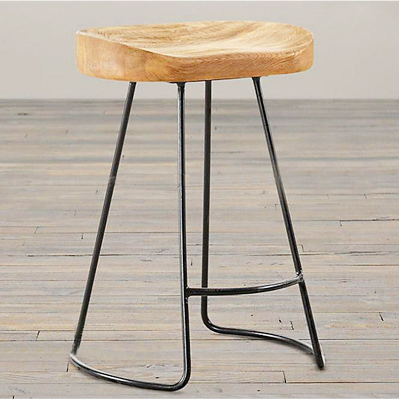 Industrial Counter Bar Stool Natural Solid Wood and Metal Saddle Seat Counter Chair