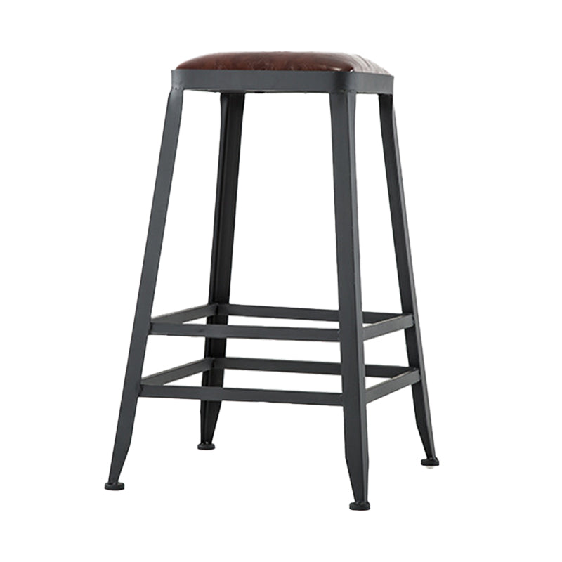 Industrial Armless Counter Stool Iron Bar Stool with Leather Cushion and Footrest