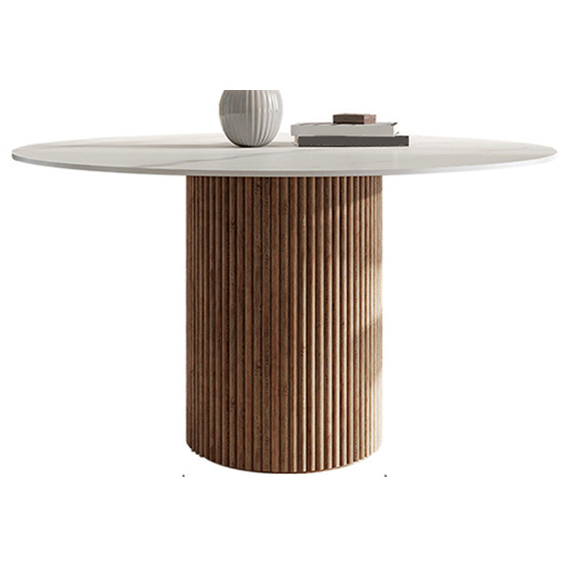 Mesa de pedestal contemporánea, mesa de comedor redonda de piedra con base de madera para cocina casera