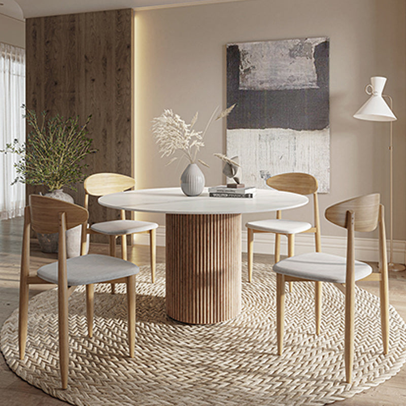Mesa de pedestal contemporánea, mesa de comedor redonda de piedra con base de madera para cocina casera