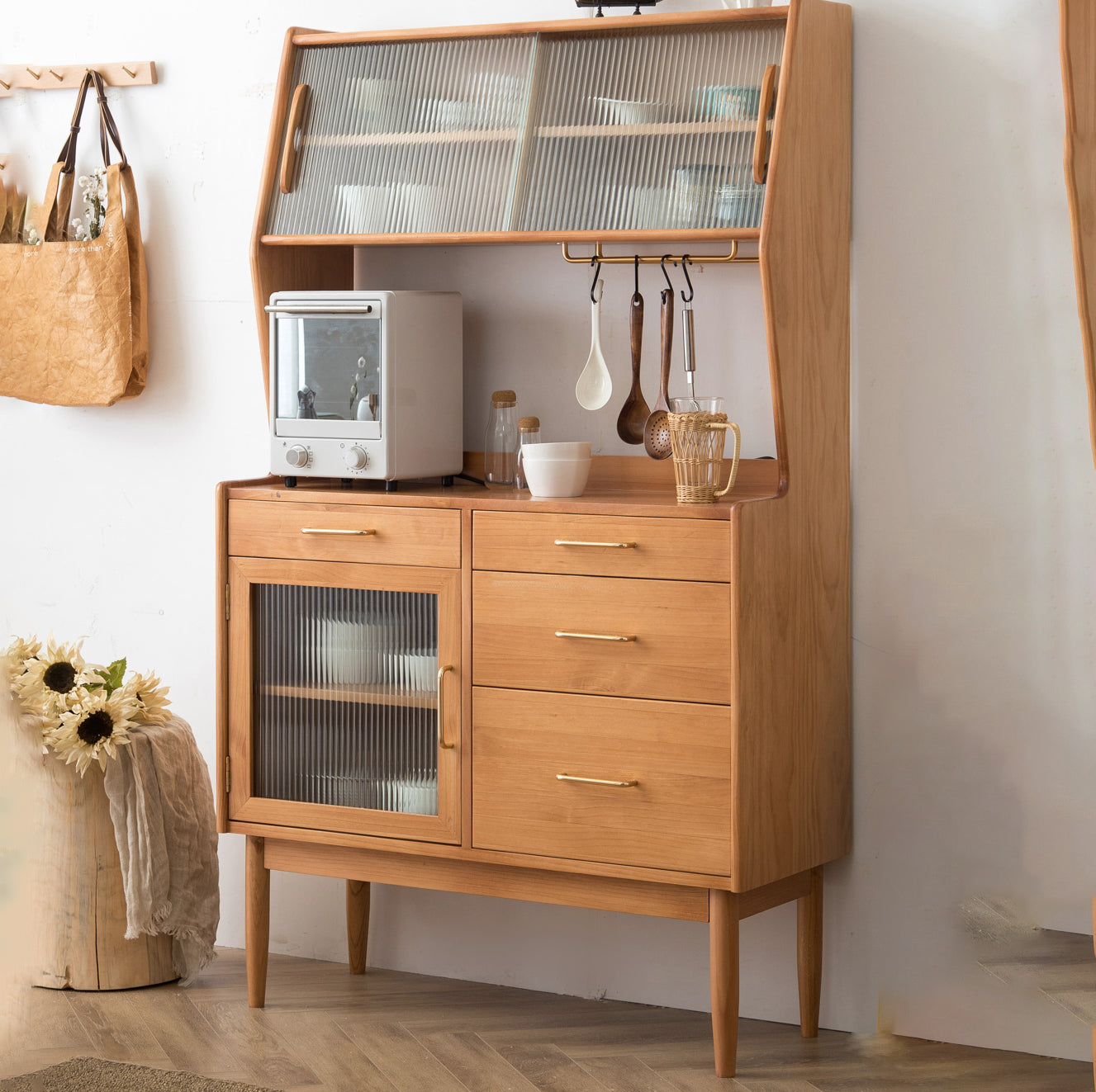 Modern Sideboard Pine Solid Wood Sliding Doors Buffet Table with 4 Drawers and 3 Doors Clearhalo 'buffet_sideboard' 'Buffets & Sideboards' 'furn' 'furn_buffet_sideboard' 'Furniture' 'Kitchen & Dining Furniture' 6156754